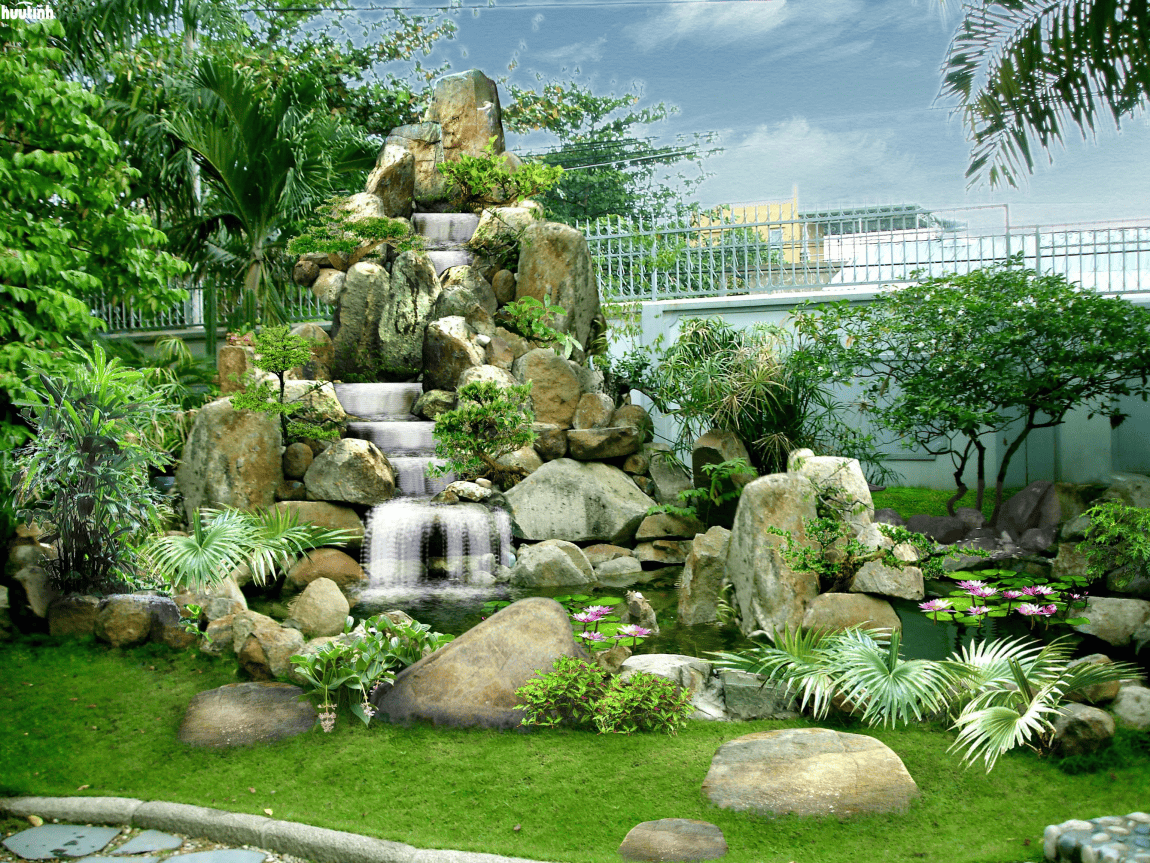 Sân vườn với hòn non bộ