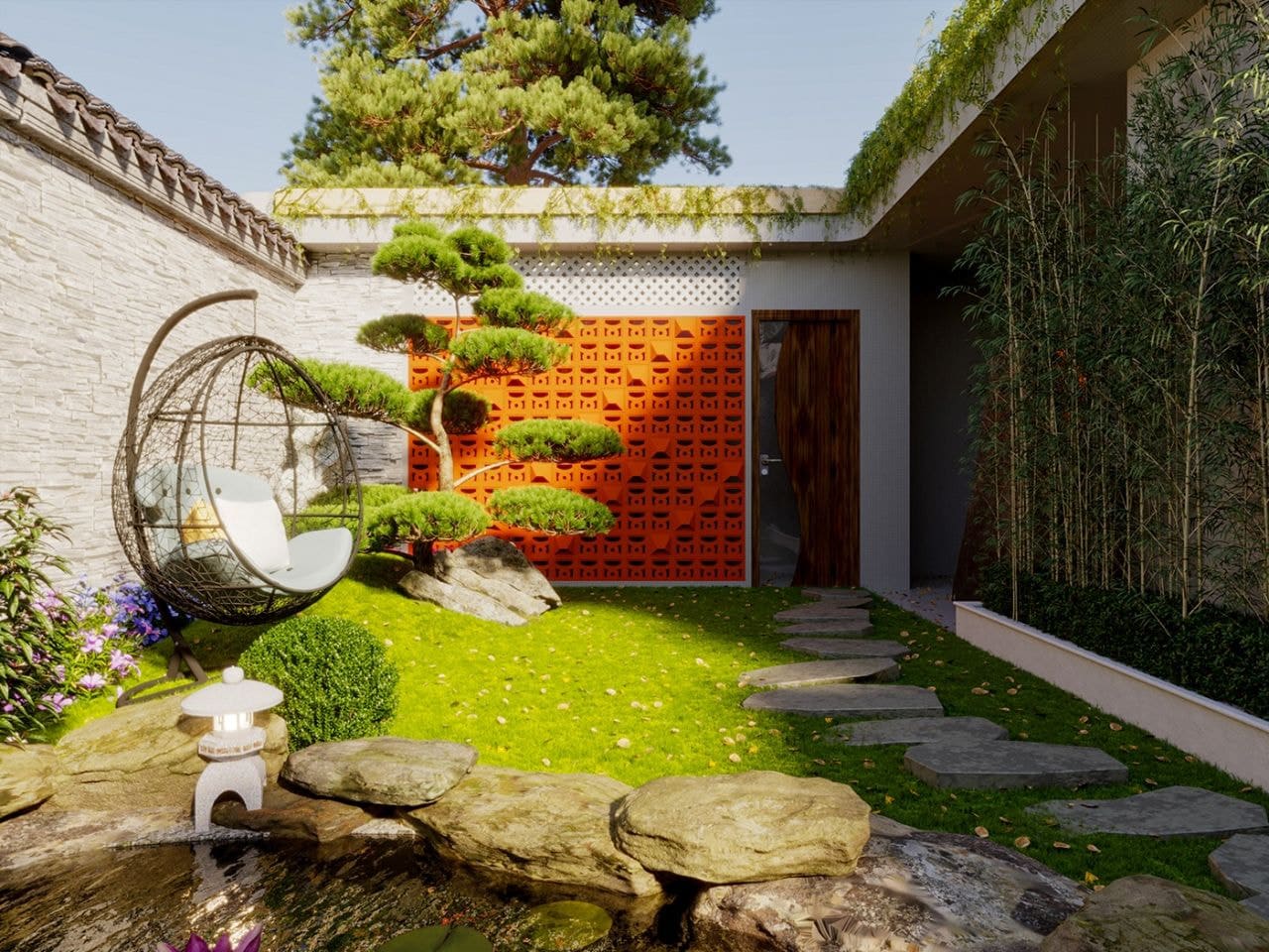 Mẫu sân vườn 80m2 kết hợp ghế thư giãn và hồ nước nhỏ