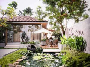 Mẫu sân vườn 80m2 có hồ cá koi và bàn trà thư giãn