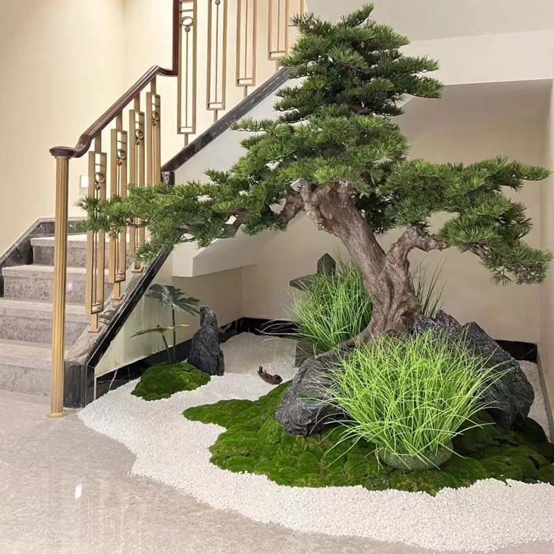 Tiểu cảnh khô cầu thang với cây bonsai làm điểm nhấn